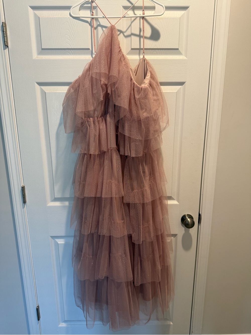 ARULA Dusty Pink Layered Tulle Ruffle Maxi Dress